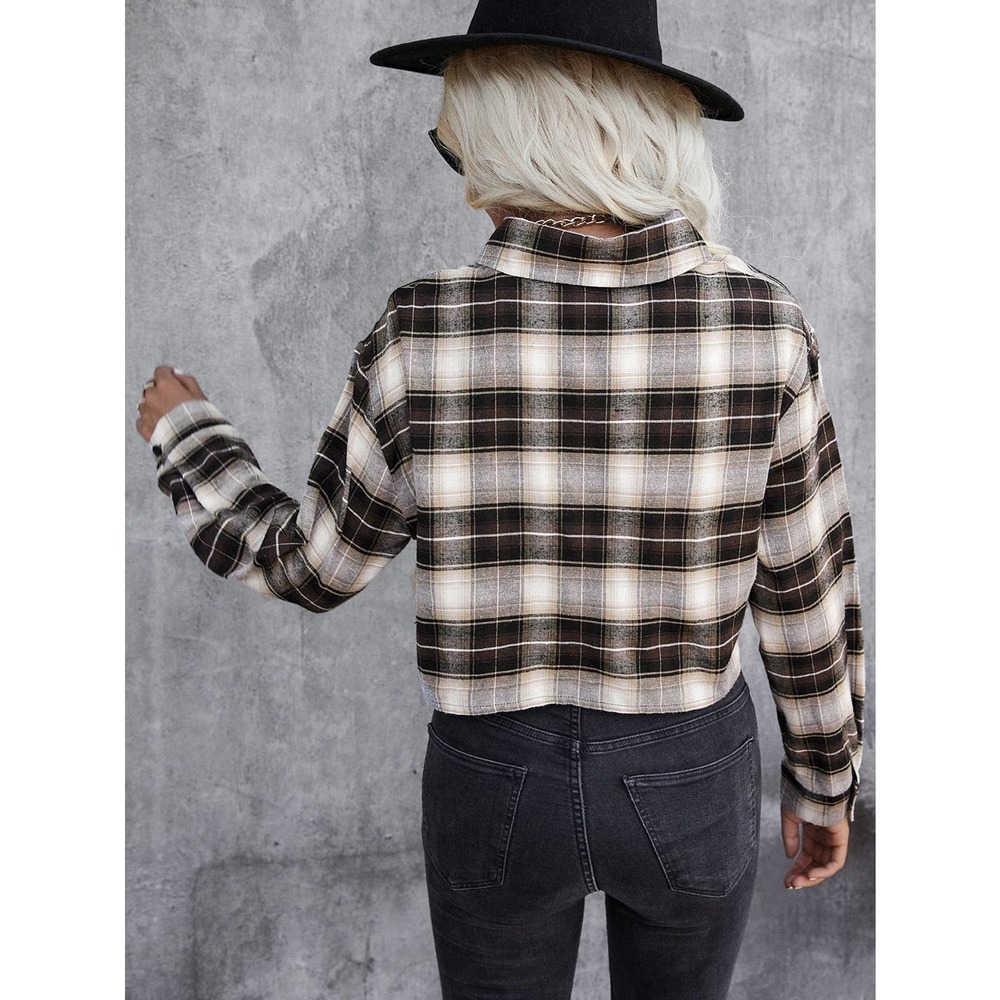 ❗️ Plaid Single Breasted Drop Shoulder Crop trucker jacket fall tan brown - Picture 2 of 5